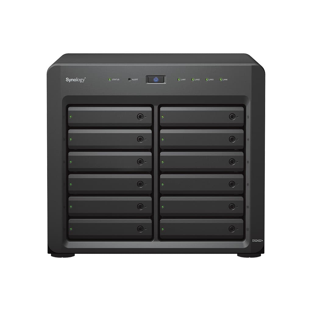 Black Synology DiskStation DS2422+ NAS with a sleek design, featuring 12 drive bays, LED indicators, and a power button on the front panel.