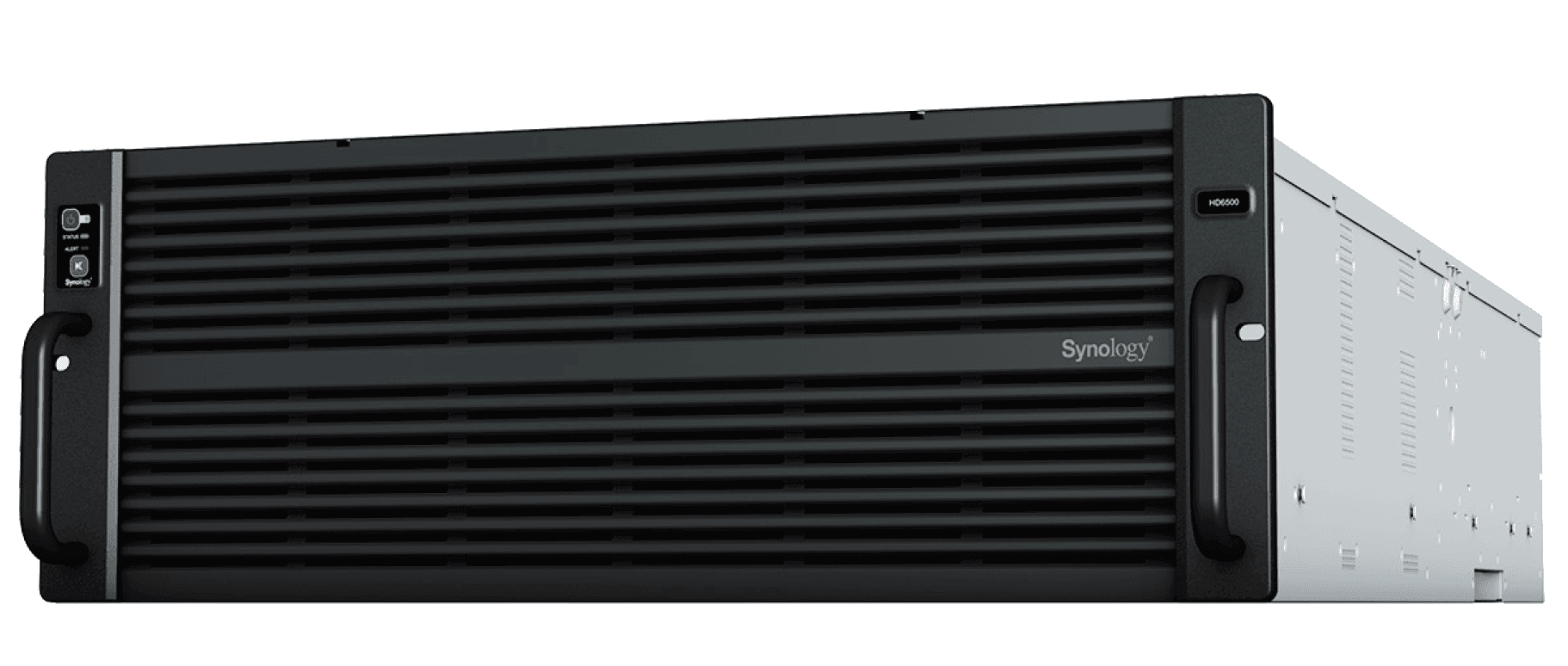 Black 4U NAS/storage server rack with a sleek design, featuring a front panel with ventilation grilles, power button, and Synology branding, designed for Intel Xeon processors.