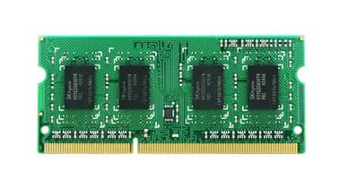 Green circuit board with two 4GB DDR3L memory modules, featuring black memory chips and gold connectors, labeled for Synology RAM1600DDR3L-4GBX2, 1600 MHz.