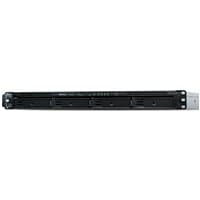 Black Synology RX418 disk array with four drive bays, slim rackmount design, and 48 TB storage capacity.