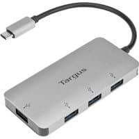 Silver Targus USB-C hub with four USB 3.2 Gen 1 ports, black cable, and Targus logo on top.