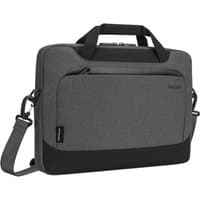 Grey Targus Cypress EcoSmart briefcase with black accents, front zip pocket, dual handles, and detachable shoulder strap.