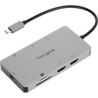 Silver Targus laptop dock with USB-C connector, multiple ports, and sleek rectangular design