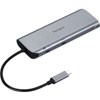 Targus Dual Video Mobile Dock, sleek silver design, USB-C cable attached, multiple ports for connectivity.