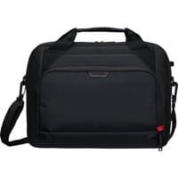 Black Targus EcoSmart 14" briefcase with red accents, padded handles, front zip pocket, and adjustable shoulder strap.