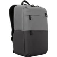 Black and grey Targus Sagano 15.6" eco-friendly backpack with front zipper pocket and padded shoulder straps.