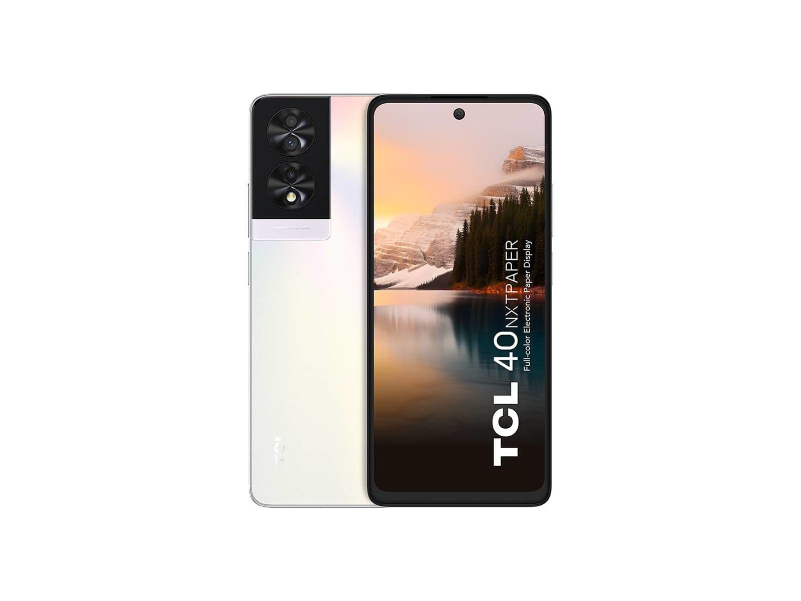 TCL 40 NXTPAPER smartphone in a sleek white finish, featuring a 6.78" display, dual rear cameras, and a USB Type-C port, showcasing a scenic wallpaper.