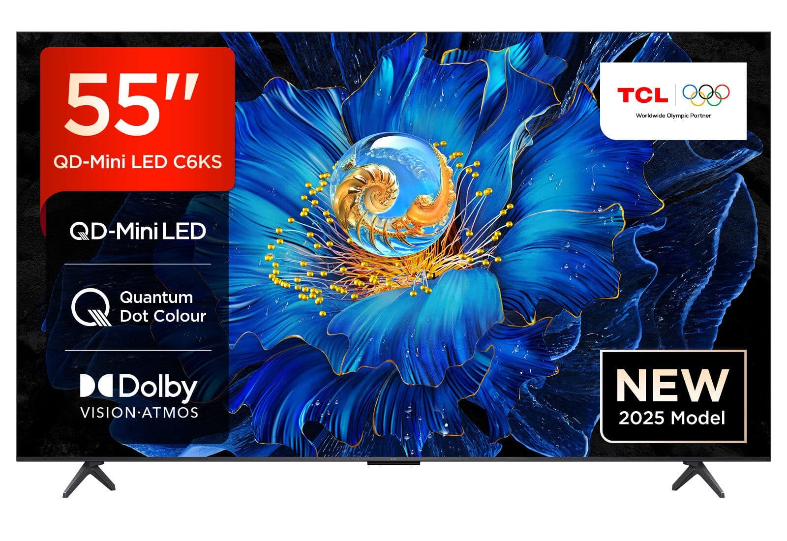 55-inch TCL QD-Mini LED TV featuring vibrant blue floral design, Quantum Dot Colour technology, and Dolby Vision Atmos, labeled as "NEW 2025 Model" with Olympic partnership logo.