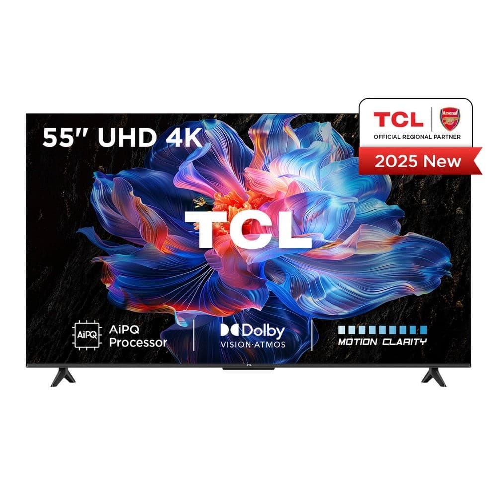 55-inch TCL UHD 4K TV featuring a vibrant floral design on the screen, with Dolby Vision-Atmos and Motion Clarity logos, and a red "2025 New" badge in the corner.