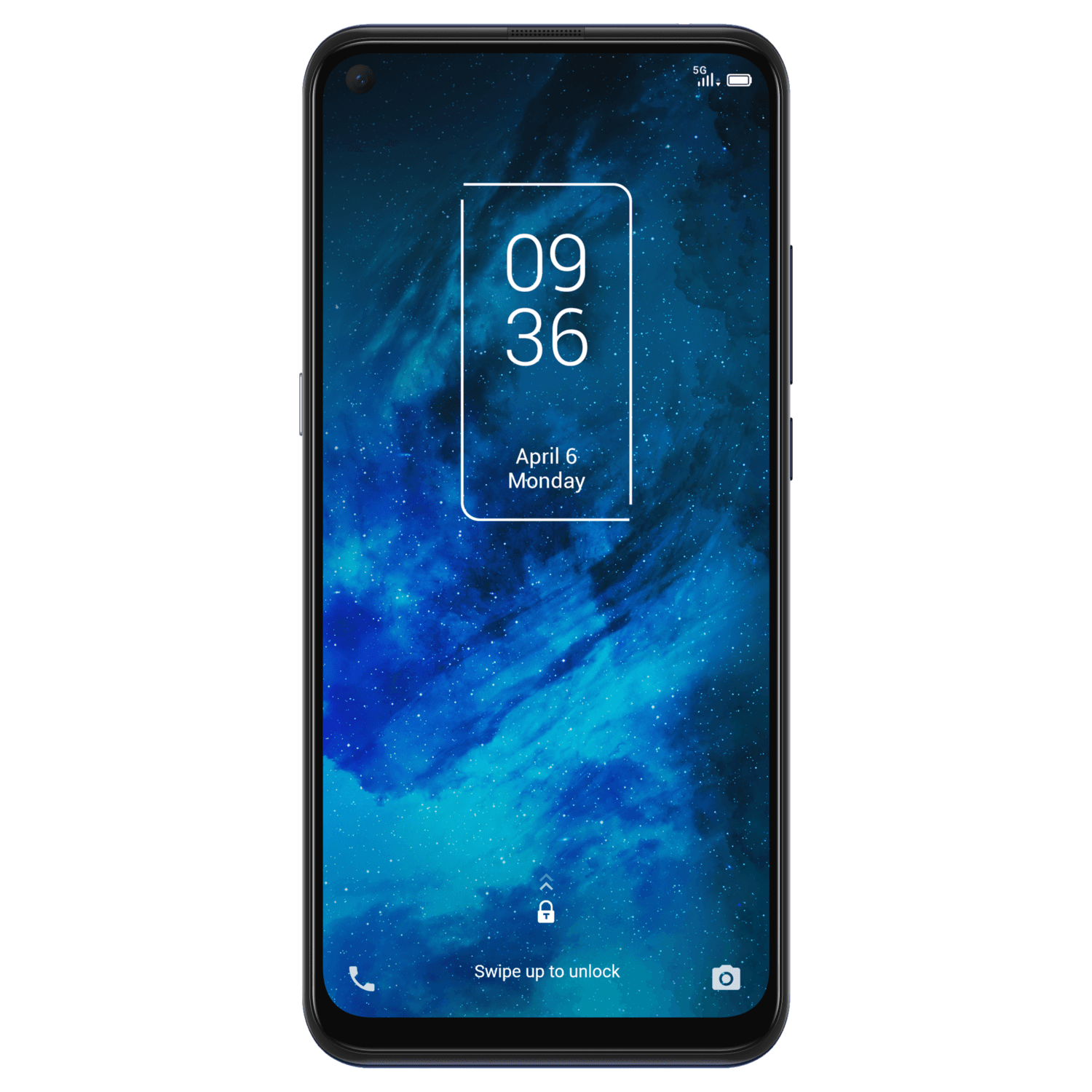 TCL 5G smartphone in chrome blue with a 6.53-inch display, featuring a single SIM slot, Android 10, and a sleek design showcasing a vibrant blue background on the screen.