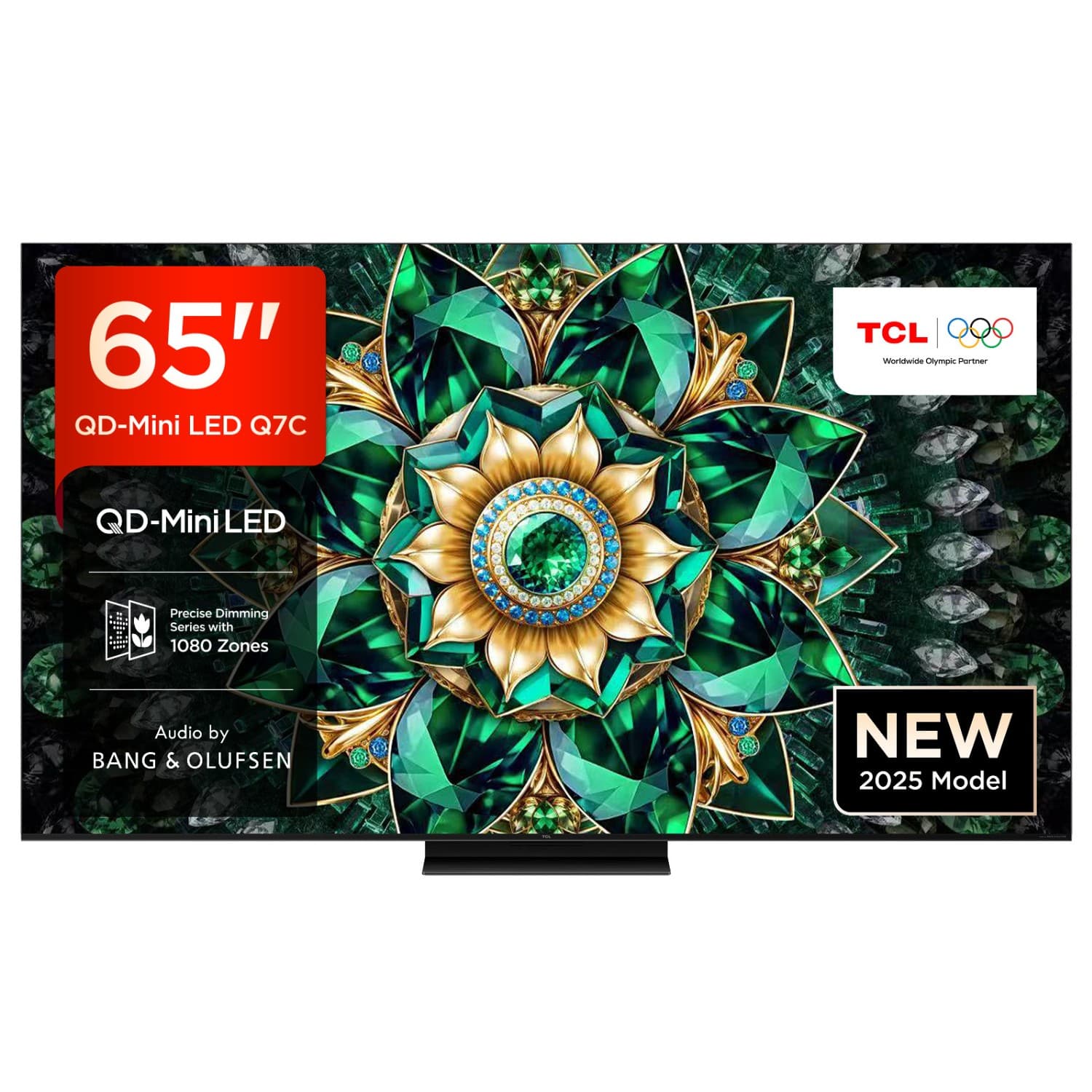 65-inch TCL QD-Mini LED Q7C TV featuring a vibrant floral design, showcasing rich green and gold colors, with "NEW 2025 Model" and "Audio by Bang & Olufsen" labels.