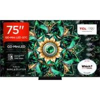 TCL 75-inch 4K Ultra HD Smart TV with thin bezels, QD-Mini LED display, vibrant geometric design on screen.