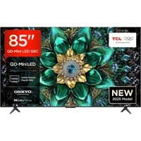 85" TCL QLED Mini-LED Smart TV with vibrant display, slim black bezels, and dual stand supports.