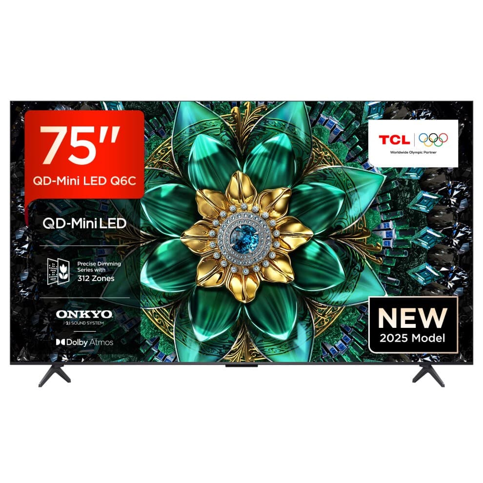 75-inch TCL QD-Mini LED TV with a vibrant floral design on the screen, featuring Dolby Atmos, 312 dimming zones, and a sleek black frame with sturdy stand.
