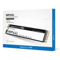 Team Group MP44L 500GB M.2 PCIe 4.0 NVMe SSD with black and white label in blue and white packaging.