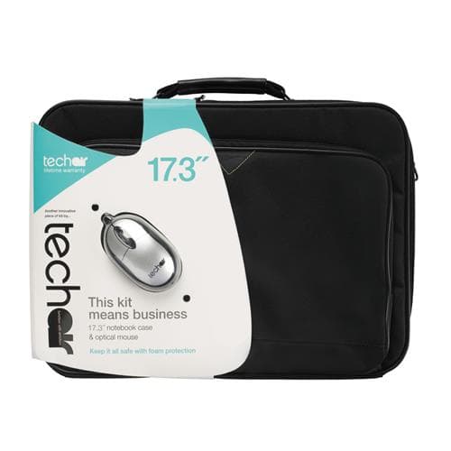 Black laptop bag with a sleek design, featuring a handle and a front pocket, accompanied by a silver optical mouse, labeled for 17.3" notebooks.