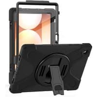 Black rugged tablet case for Samsung Tab A11 with built-in stand and handle, military-grade drop protection design.
