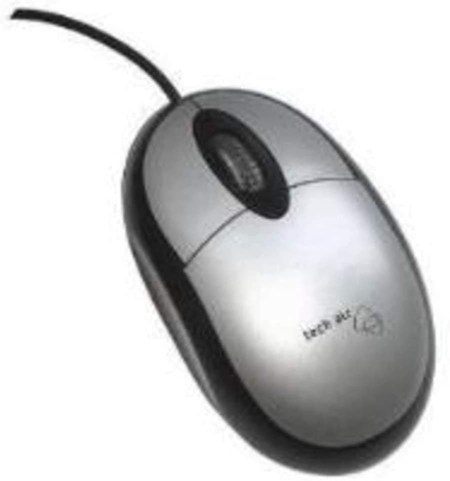 Silver and black Techair XM301Bv2 Essential USB mouse featuring a smooth surface, scroll wheel, and ergonomic design for comfortable use.