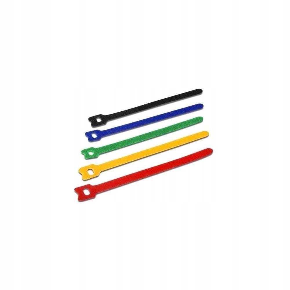 Multicoloured cable ties in black, blue, green, yellow, and red, featuring a Velcro design for secure fastening, packaged as a set of 10 pieces.