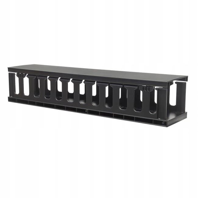 Black 19" 2U cable management panel with multiple openings for organized wiring, made of durable plastic for easy installation in server racks.