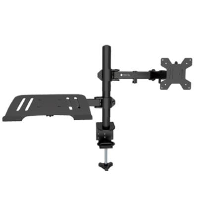Black metal monitor mount with an adjustable arm, featuring a flat shelf for accessories and a VESA-compatible bracket for secure monitor attachment.