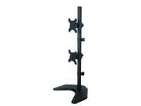 Black metal monitor mount with a vertical pole, featuring dual adjustable brackets for mounting two monitors, and a stable base for support.