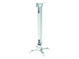 Silver projector mount with a sturdy metal construction, featuring an adjustable height mechanism and a wide base for stability.