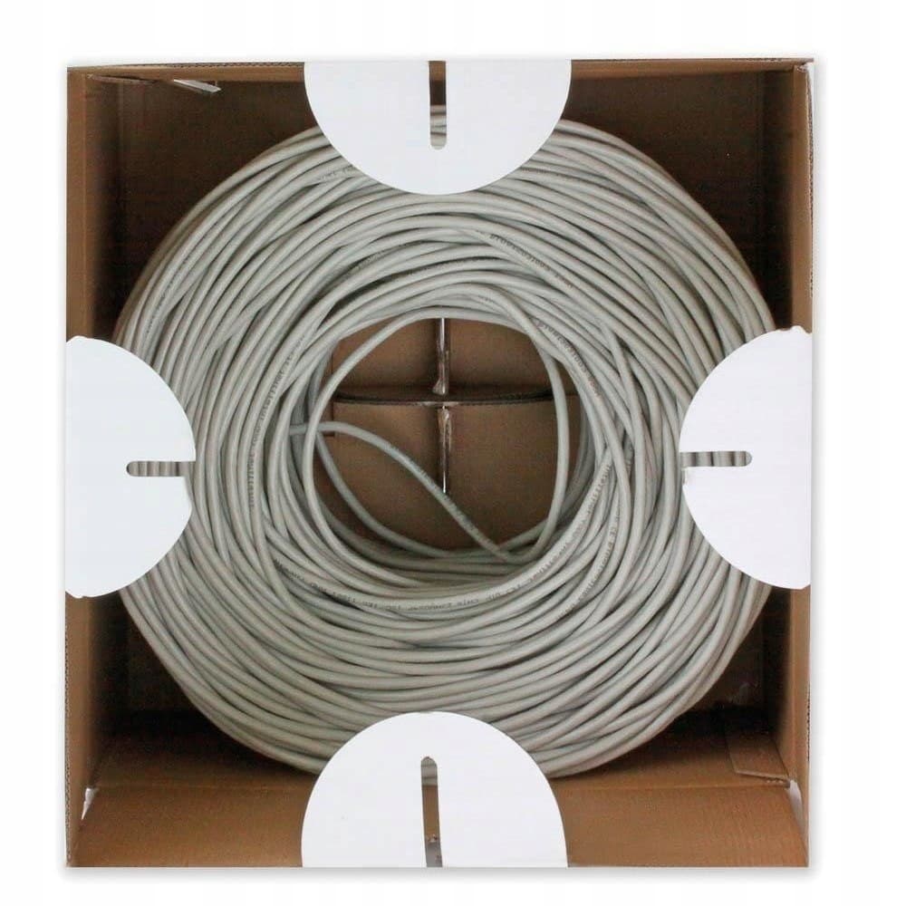 Grey Cat6 F/UTP networking cable coiled inside a cardboard box, featuring a smooth exterior and labeled ends for easy identification and installation.