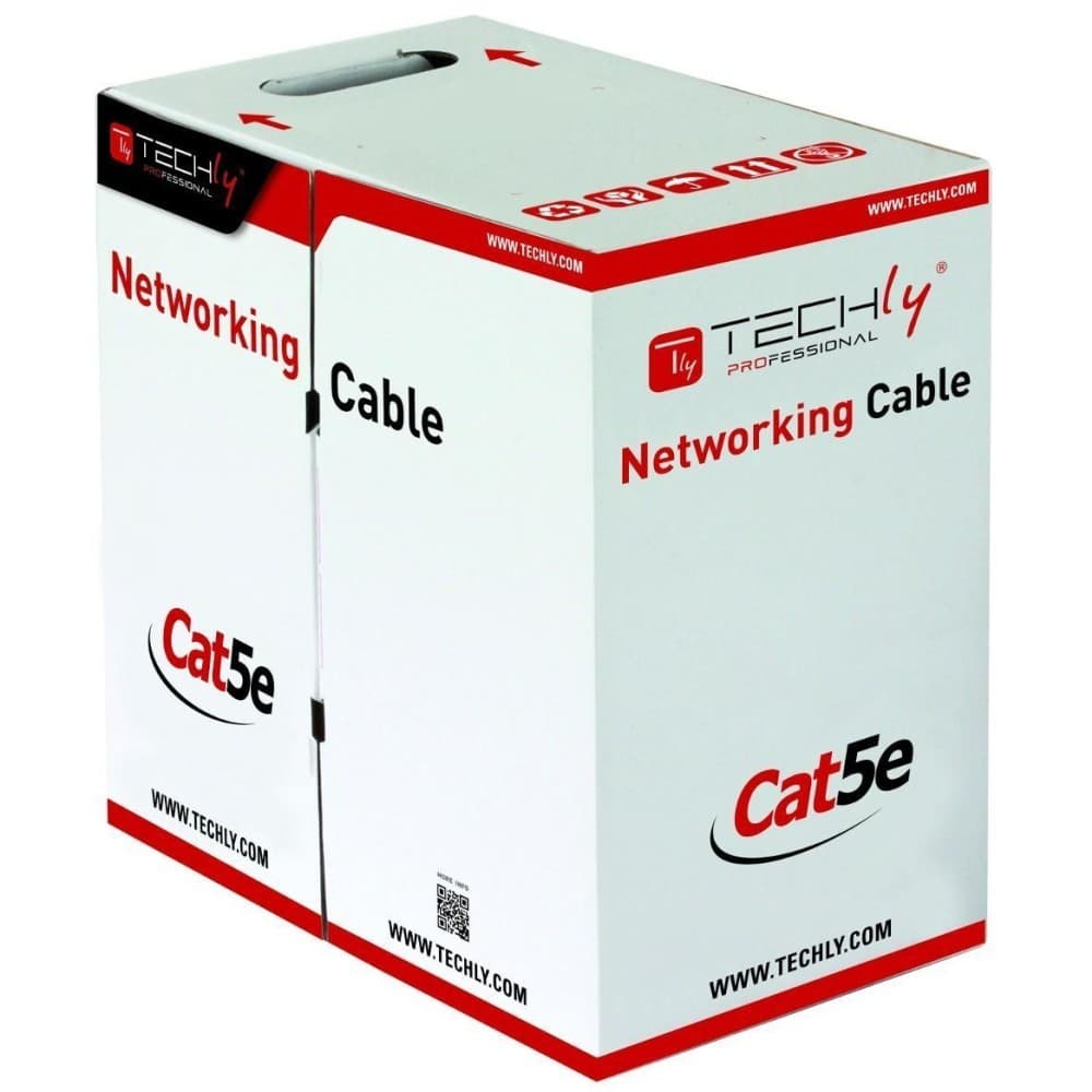 White box with red and black accents labeled "Networking Cable" and "Cat5e," containing 305 meters of grey U/UTP networking cable.