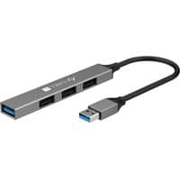 Gray TECHLY USB 3.2 laptop dock with four ports, slim design, and attached cable with blue USB connector.