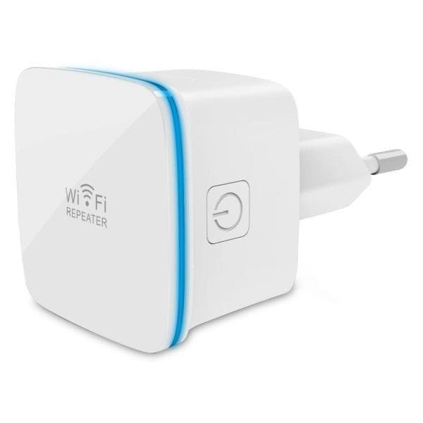 White Wi-Fi repeater with a glossy finish, featuring a blue LED indicator and a power button, designed for plugging directly into a wall outlet, enhancing wireless signal up to 300 Mbps.
