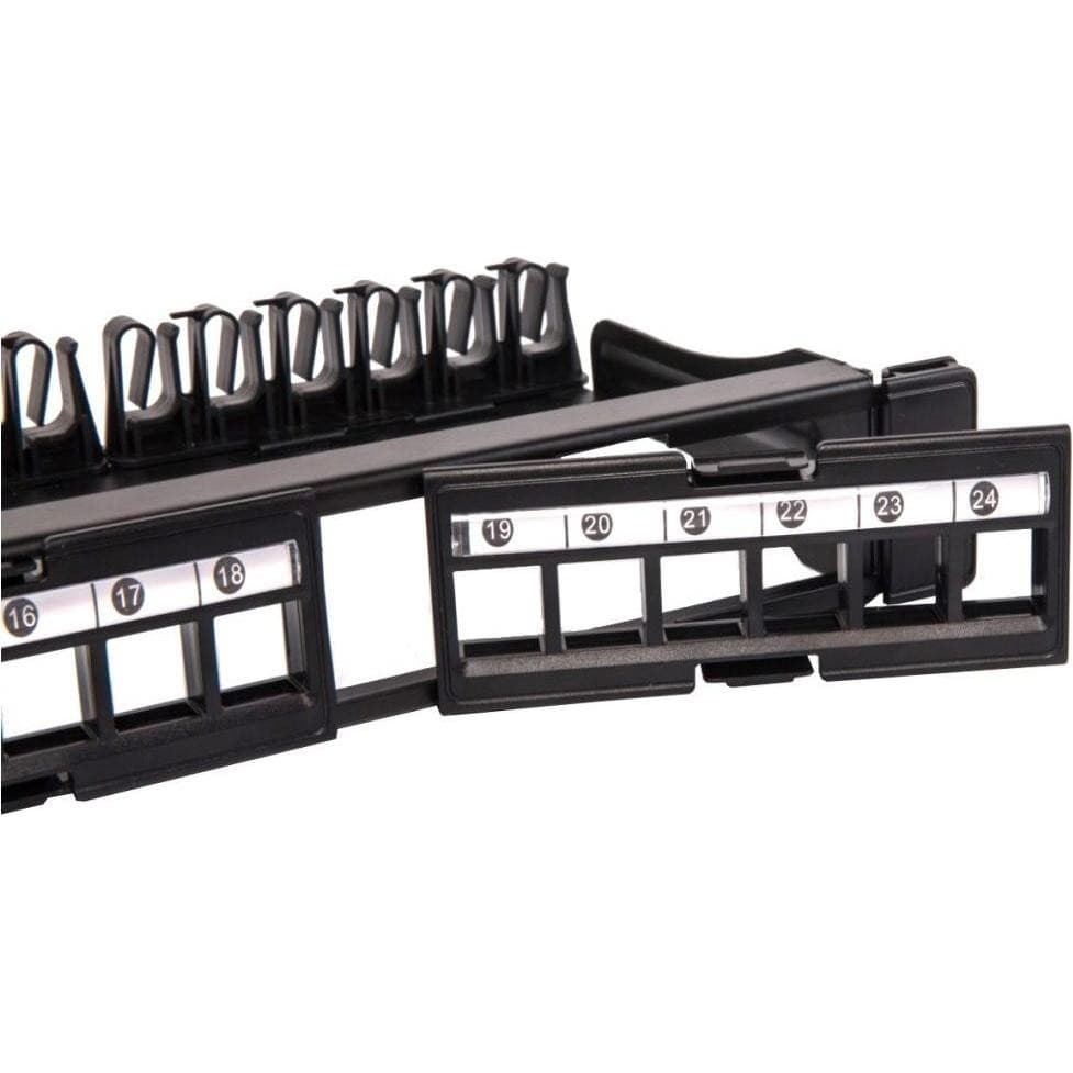 Black modular patch panel with 24 ports, featuring numbered labels for easy identification and a sturdy design for network connections.