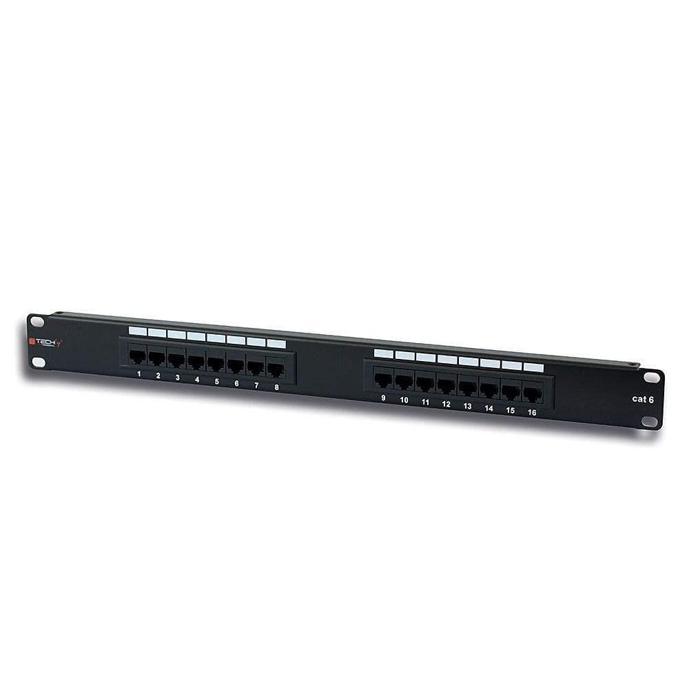 Black 16-port RJ45 patch panel with labeled ports, designed for Cat 6 cables, featuring a sturdy metal construction and a sleek, professional design for network installations.
