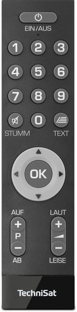 Black TechniSat IsiZapper universal remote control featuring a numeric keypad, directional pad, and buttons for power, volume, and text functions.