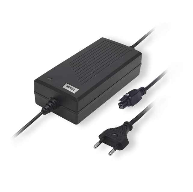Black 62W power supply with a textured surface, featuring a power connector and a European plug, designed for TELTONIKA NETWORKS devices.