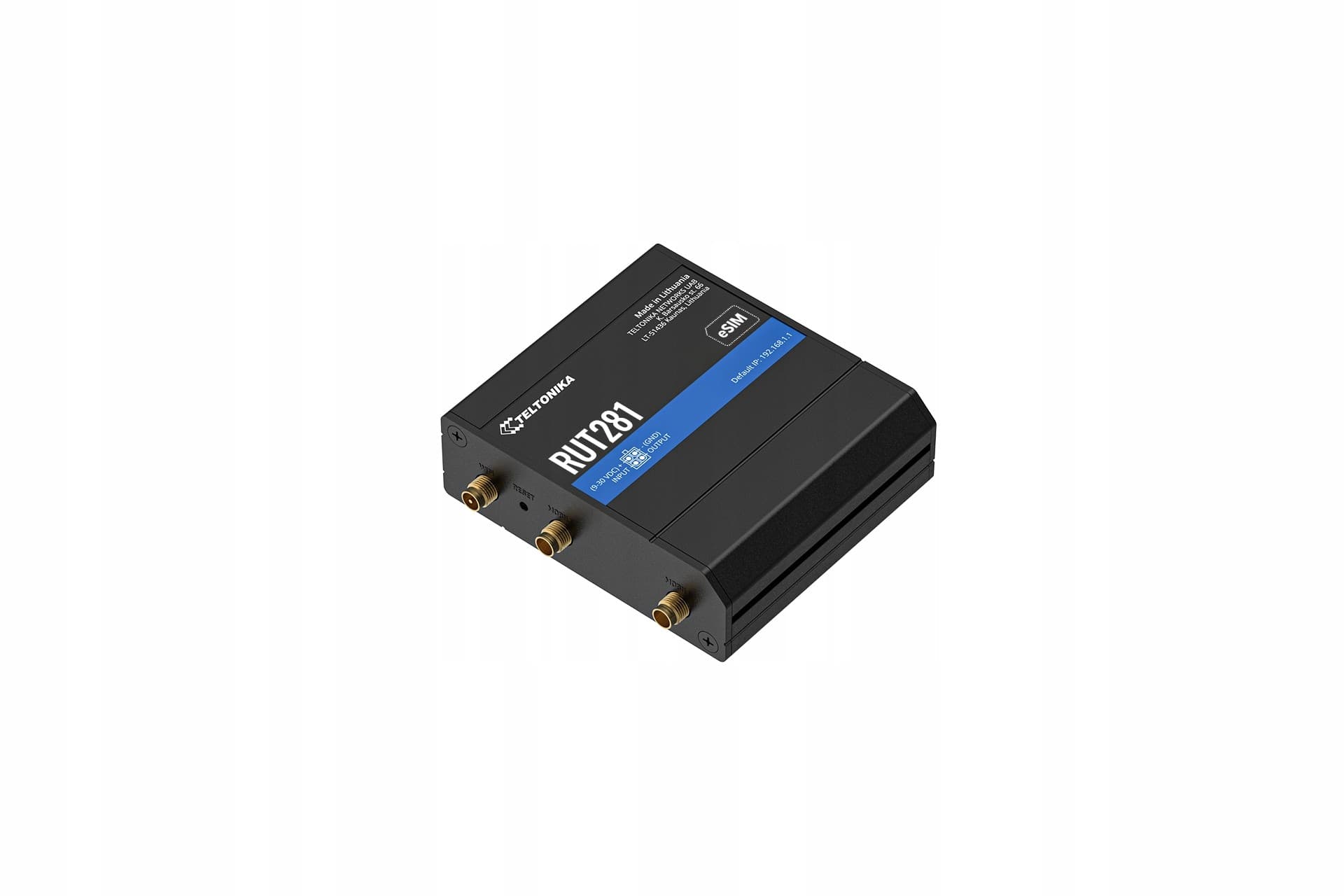 Black rectangular device with a blue label, featuring multiple antenna connectors and the model number RU281, designed for 4G connectivity.