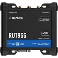 Black Teltonika Networks RU956 4G LTE router with eSIM, dual antenna ports, and labeled input-output connections.