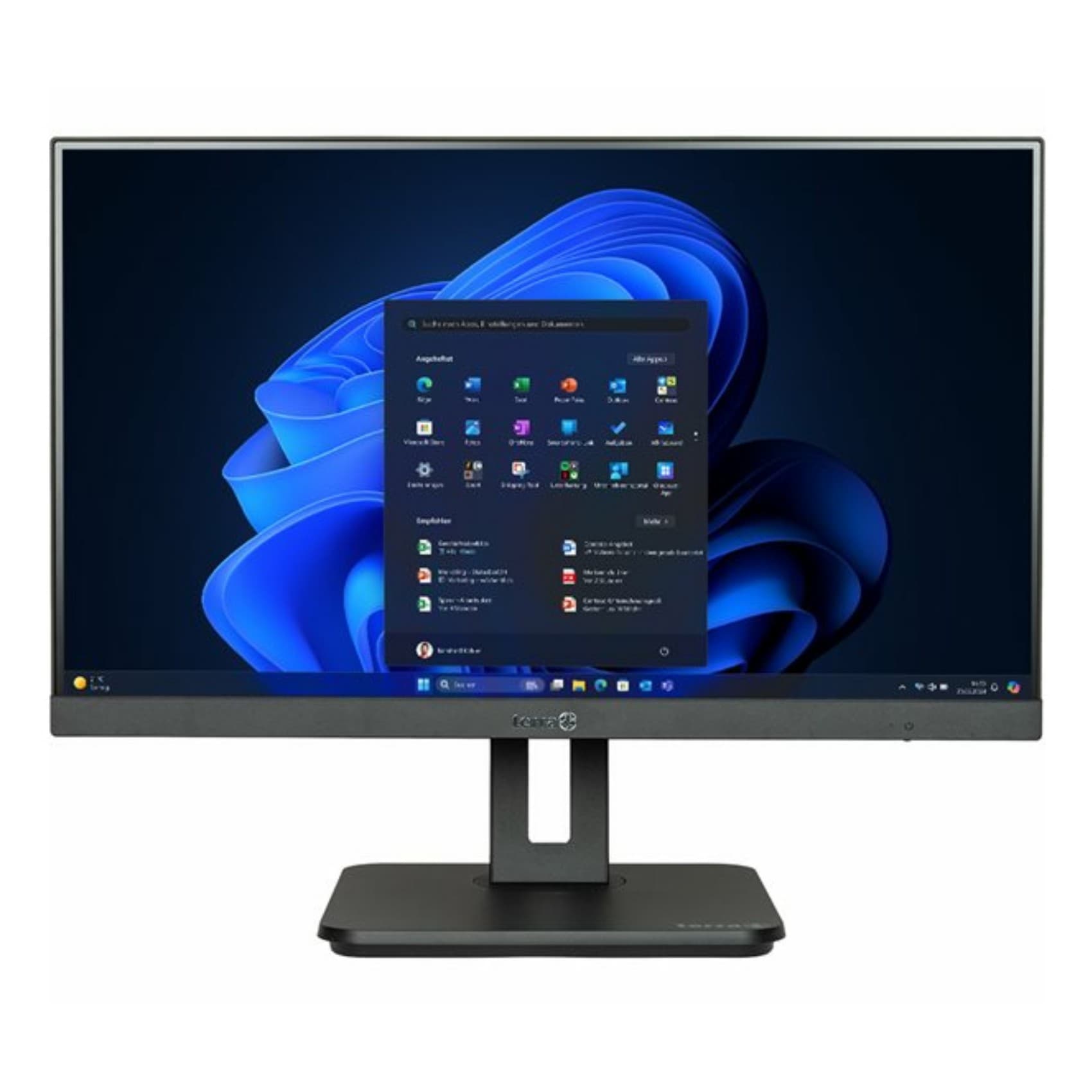TERRA 1000036 All-in-One PC features a sleek black design with a 60.5-inch display, showcasing a Windows interface and a sturdy stand for stability.