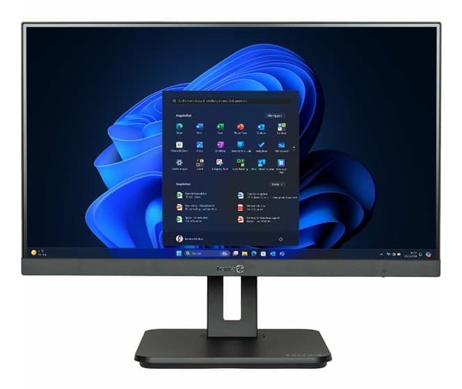 TERRA 1000037 All-in-One PC features a sleek black design with a 60.5-inch screen displaying a Windows interface, mounted on a sturdy black stand.