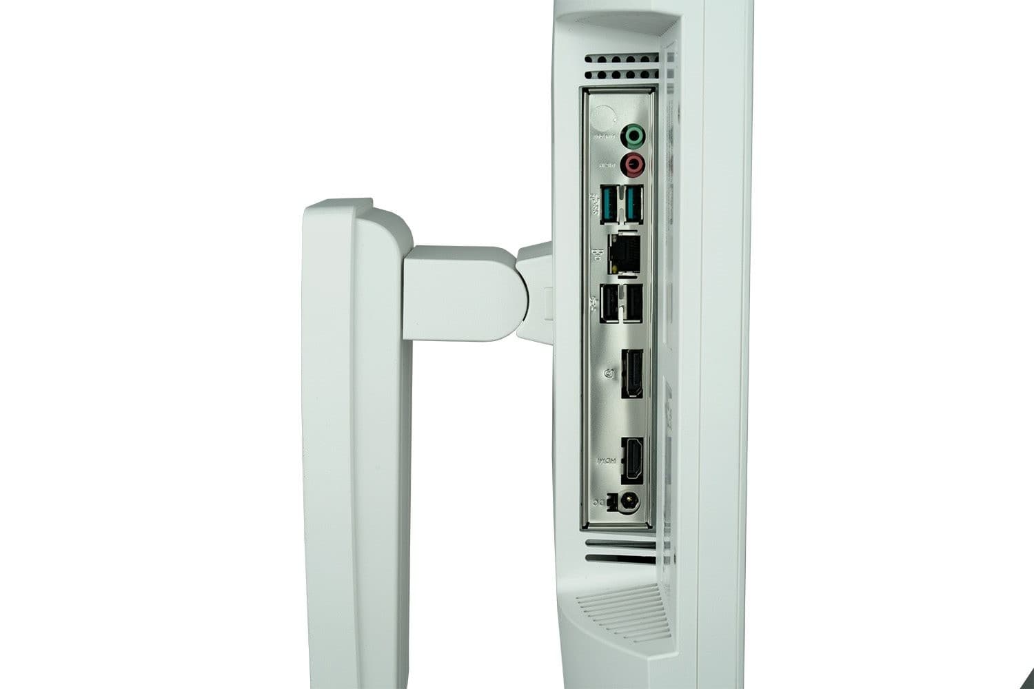 White TERRA ALL-in-ONE-PC 2410HA with Intel® Core™ i5-14500, featuring multiple ports including USB, audio, and HDMI, mounted on a sleek, adjustable stand.