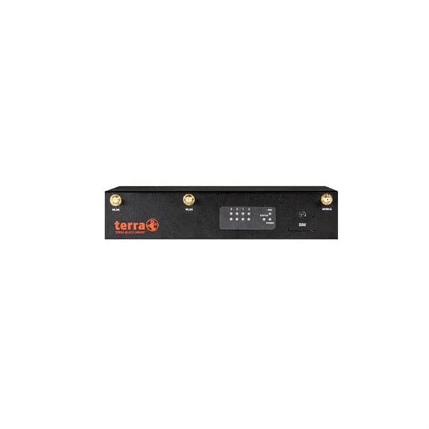 TERRA Black Dwarf PRO G5 hardware firewall in a sleek black casing, featuring LED indicators, control panel, and multiple antenna ports for enhanced connectivity.