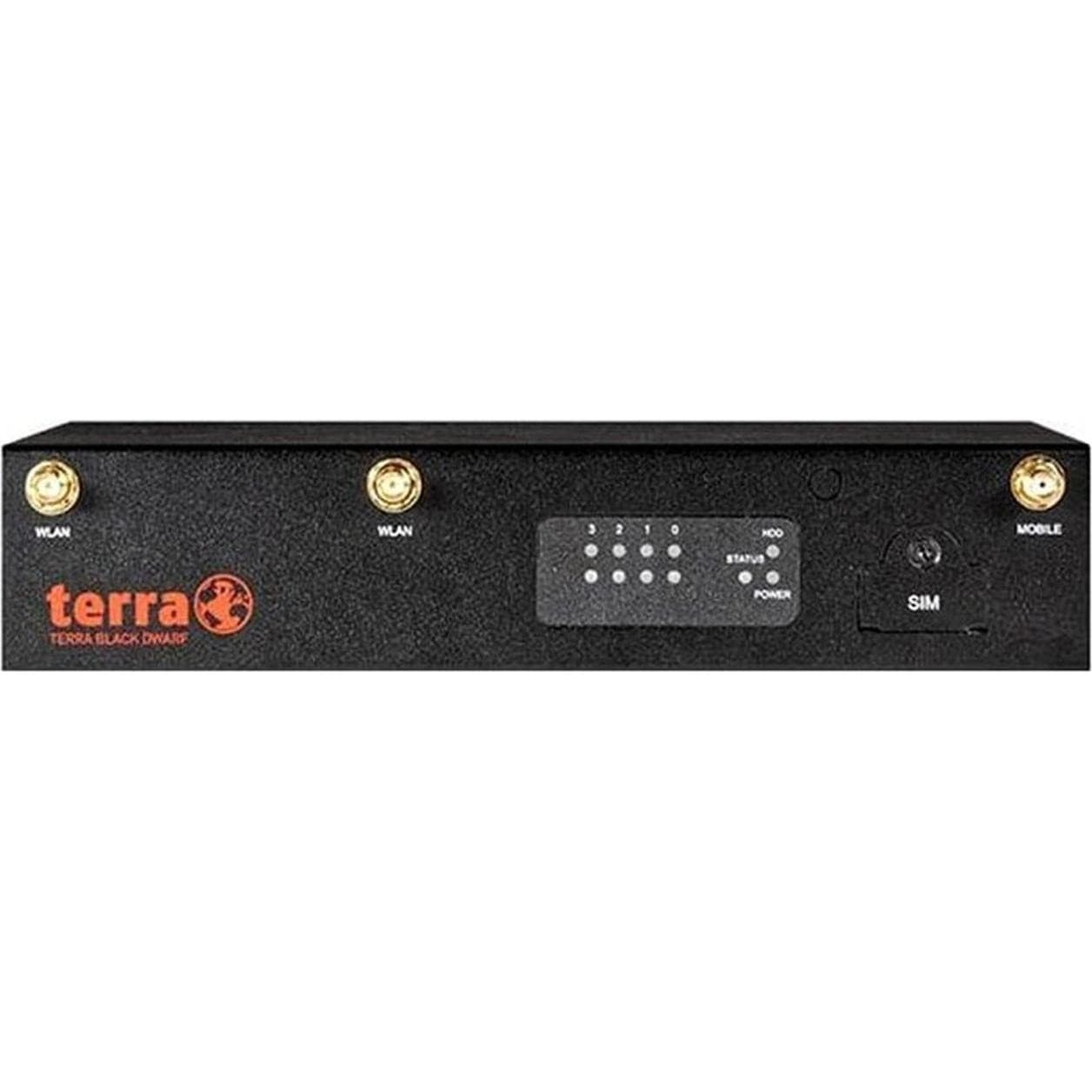 Black metal firewall device with multiple antenna ports, LED status indicators, a SIM card slot, and labeled connections for WLAN and mobile, featuring the TERRA logo prominently.