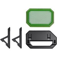 Black and green Thermaltake computer case parts with mesh panel and angular brackets for Midi Tower assembly.