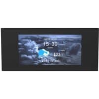 Black Thermaltake full tower display panel with digital screen showing weather, time, and temperature.