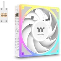 Thermaltake computer case fan with white blades, RGB lighting, and square frame, includes a small control unit.