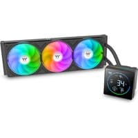 Thermaltake TH360-S V3 ARGB liquid cooler with three 12 cm RGB fans and digital display on pump block.
