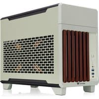 Green Thermaltake TR100 Mini Tower with black mesh side panel and brown front slats, featuring USB ports.