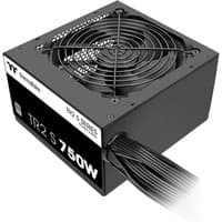 Black Thermaltake TR2 S 750W power supply unit with 20+4 pin ATX connector and cooling fan on top.