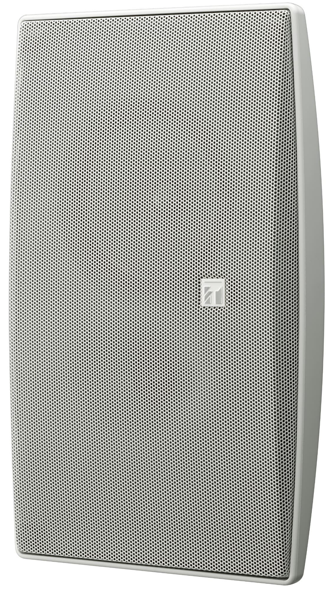 White TOA BS-634T loudspeaker with a textured metal grille, featuring a sleek, rectangular design and a small logo in the center, suitable for wired audio applications.