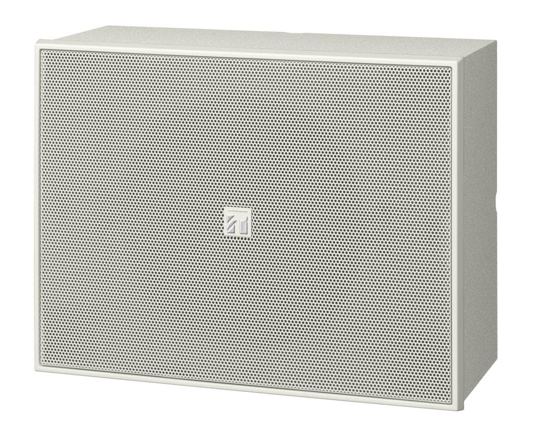 White wired loudspeaker with a rectangular design, featuring a metal mesh grille and a central logo, designed for 6 W output, suitable for various audio applications.